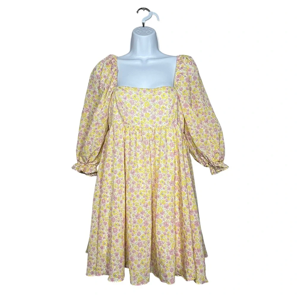 Storia Yellow Floral Puff Sleeve Babydoll Mini Dress M Square Neck Cottagecore - Picture 2 of 12